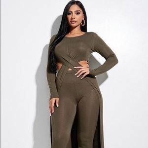 Olive Cutout Wrap Jumpsuit Pantsuit - Women's Long Sleeve
